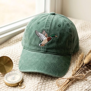Washed Cotton Cap with Embroidered Mallard Duck – Adjustable Strap
