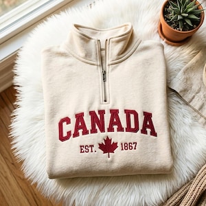 Canada Est. 1867 Quarter Zip Sweatshirt – Embroidered Maple Leaf Pullover