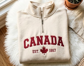 Canada Est. 1867 Quarter Zip Sweatshirt – Embroidered Maple Leaf Pullover
