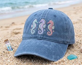 Embroidered Seahorse Hat, Coastal Ocean Baseball Cap, Beach Aesthetic Dad Hat, Handmade Cotton Gift for Her