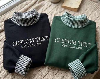 Custom Text Embroidered Gingham Mock Neck Sweatshirt, Personalized Text Tee, Custom Logo Shirt, Minimalist Custom Quote Shirt
