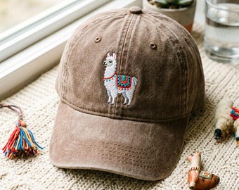 Washed Cotton Cap with Llama Embroidery – Adjustable Strap, One Size Fits Most