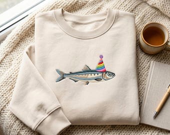 Sweatshirt mit Sardinenstickerei, Hemd mit Fischkonservenmotiv