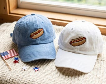 ウォッシュ加工コットンキャップ（ホットドッグ刺繍入り） – 調節可能なダッドハット