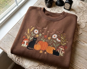 Sweatshirt mit schwarzer Katze und Kürbisstickerei, Herbst-Herbst-Rundhalsausschnitt, Ärmeldetails