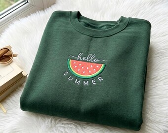 Embroidered Watermelon "Hello Summer" Sweatshirt – Cotton Polyester Blend, Funny Summer Beach Shirt