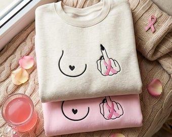 Moletom com bordado do dedo do meio simbolizando a conscientização sobre o câncer de mama, Camiseta de apoio ao câncer de mama, Camiseta de apoio ao câncer para mulheres