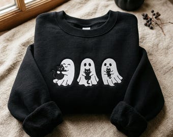 Sudadera bordada de gato de Halloween, camiseta espeluznante de gato negro fantasma