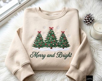 Moletom bordado com árvores de Natal alegres e brilhantes, estilo retrô para o Natal.