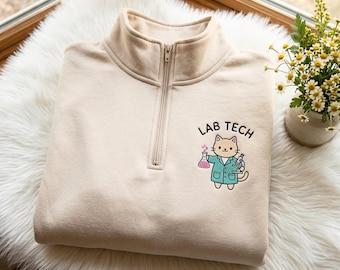 Embroidered Lab Tech Cat Quarter Zip Sweatshirt – Cozy Cotton Blend Pullover