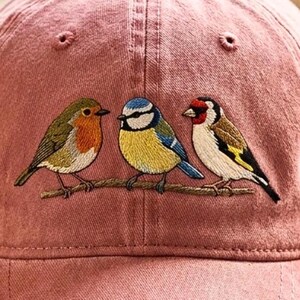 May include: A dusty rose baseball cap featuring an embroidered design of three small birds perched on a thin brown branch. The birds include a robin with an orange breast, a blue tit with yellow and blue feathers, and a goldfinch with red markings.