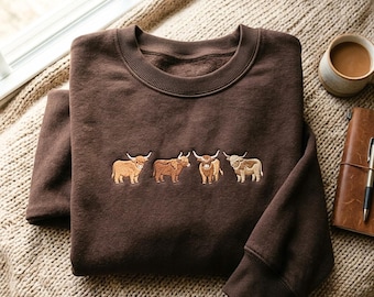 Embroidered Highland Cow Sweatshirt – Cozy Cotton Blend Unisex Pullover, Western Boho Cowgirl Shirt