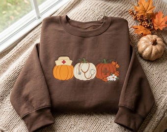 Embroidered Nurse Pumpkin Fall Sweatshirt, Medical Autumn Tee, Healthcare Pumpkin Sweatshirt, Fall Nurse Gift