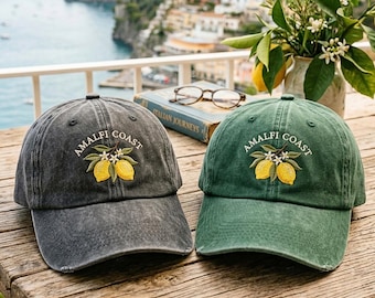 Washed Cotton Cap with Amalfi Coast Lemon Embroidery – Adjustable Strap