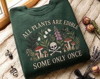 Botanical Skull Embroidered Sweatshirt, Gothic Nature Witchy Plant Lover Tee