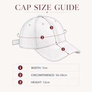 May include: A black and white line drawing of a baseball cap with a cap size guide. The text reads CAP SIZE GUIDE. Numbered arrows indicate dimensions: 1 width 7cm, 2 circumference 56-59cm, and 3 height 12cm. The illustration shows the cap structure.
