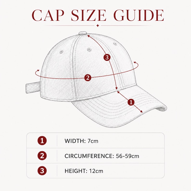 May include: A black and white line drawing of a baseball cap with a cap size guide. The text reads CAP SIZE GUIDE. Numbered arrows indicate dimensions: 1 width 7cm, 2 circumference 56-59cm, and 3 height 12cm. The illustration shows the cap structure.