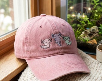 Washed Cotton Cap with Axolotl Embroidery – Adjustable Strap, One Size Fits Most