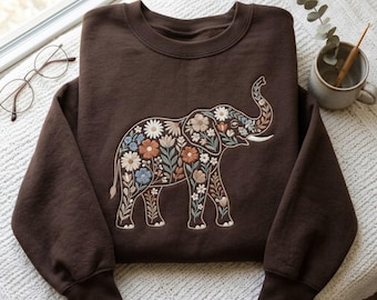 Embroidered Floral Elephant Shirt, Boho Safari Wildflower T-shirt, Animal Cottagecore Tee, Gift for Wildlife Jungle Lover