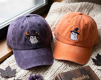 Washed Cotton Cap with Ghost Embroidery – Halloween Style Hat, Funny Trick or Treat Hat