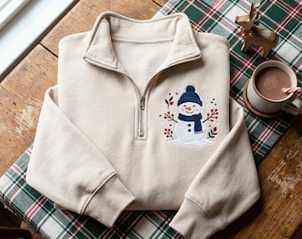 Embroidered Snowman Sweatshirt, Cozy Christmas Pullover, Cotton Blend