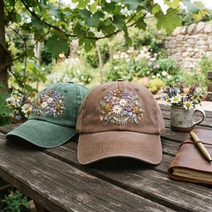 May include: Two baseball caps, one in sage green and one in brown, each featuring a detailed embroidered bouquet of colourful wildflowers on the front panel. The caps are displayed on a wooden surface alongside a small ceramic mug and a notebook.