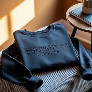 Sudadera bordada para técnico en flebotomía: unisex, mezcla de algodón para mayor comodidad.