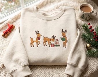 Weihnachts-Sweatshirt mit Stickerei, Rentier-Bibliothekar-Shirt, Weihnachts-Buch-Shirt, Lese-Weihnachts-Shirt