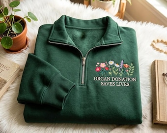 刺繍入りクォータージップスウェットシャツ：臓器提供は命を救う 花柄シャツ