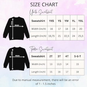 May include: A size chart for youth and toddler sweatshirts featuring two black sweatshirt silhouettes with white arrows indicating width and length. The chart lists sizes YXS to YXL and 2T to 5-6-T with corresponding measurements in inches.