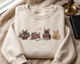 Sweatshirt mit besticktem Fledermausmotiv, T-Shirt mit Lesefledermaus-Motiv, Geschenk für Bücherliebhaber