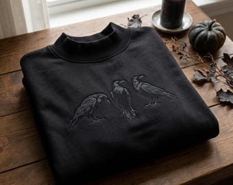 Mock Neck Embroidered Vintage Raven  Sweatshirt, Vintage Raven Shirt, Raven Lover Gift, Witchy Crow Shirt