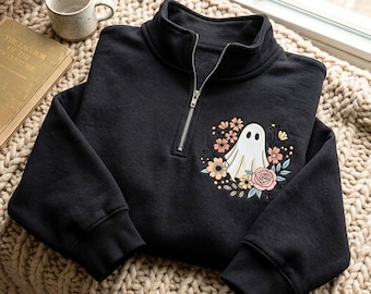 Ghost Floral Embroidered Quarter Zip Sweatshirt – Cozy Cotton Blend Pullover