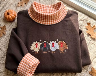 Sudadera de cuello alto con estampado de cuadros y pavo bordado, regalo de Acción de Gracias