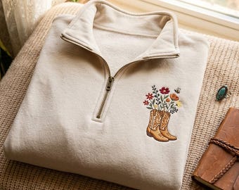 Embroidered Cowboy Boots Quarter Zip Sweatshirt – Floral Western Fleece Pullover, Cowgirl Gift
