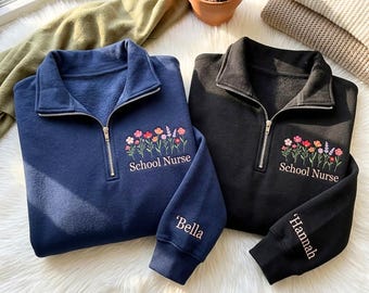 Personalized Embroidered Quarter Zip Sweatshirt: School Nurse Floral Design, Cotton Blend