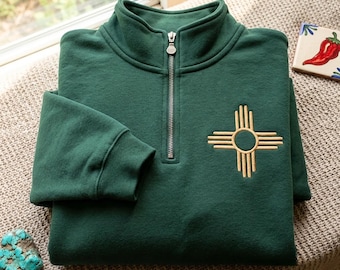 Sudadera con cremallera de un cuarto bordada de Nuevo México, camiseta de estilo vintage del suroeste.