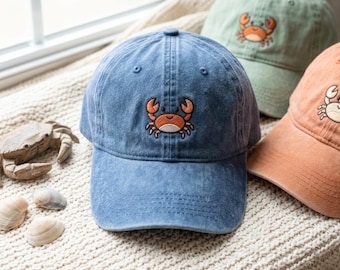 Washed Cotton Cap with Crab Embroidery – One Size Fits Most