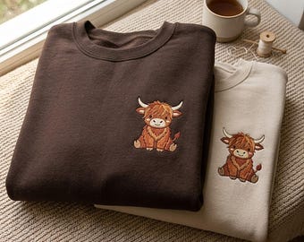 Embroidered Highland Cow Sweatshirt, Unisex Cotton Blend Cozy Pullover