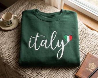Sudadera bordada de Italia, camiseta de vacaciones en Italia, camiseta "Amo Italia", camiseta para viaje familiar a Italia, camiseta italiana, regalos de Italia