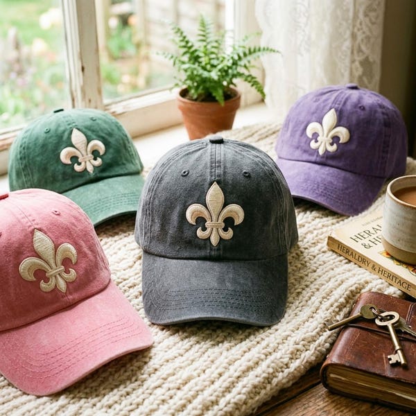 Washed Cotton Cap with Fleur-de-lis Embroidery – Adjustable Strap, One Size Fits Most