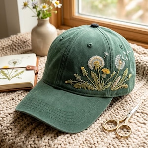 Handbroderad maskrosbasebollkeps, vintage blommig bomullshatt för kvinnor