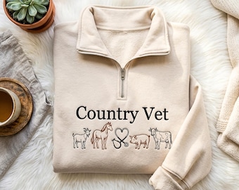 Country Vet Quarter Zip Sweatshirt: Embroidered Farm Animals, Unisex Cotton Blend