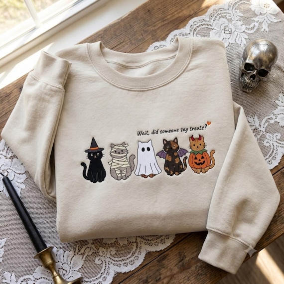 Embroidered Funny Cat Sweatshirt, Cat Lover Crewneck, Wait Did Someone Say Treats Shirt, Cute Cat Mom Sweatshirt
