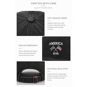 May include: A black washed cotton baseball cap featuring the embroidered text AMERICA 1776 above two crossed American flags. The cap includes a top button, detailed stitching, and an adjustable back strap with a sturdy metal buckle for a custom fit.