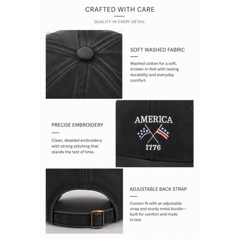 May include: A black washed cotton baseball cap featuring the embroidered text AMERICA 1776 above two crossed American flags. The cap includes a top button, detailed stitching, and an adjustable back strap with a sturdy metal buckle for a custom fit.