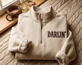刺繍入りダーリン・クォータージップスウェットシャツ – 快適なコットンブレンドプルオーバー、ウエスタンカウガールスウェットシャツ