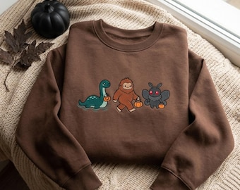 Embroidered Spooky Season Cryptid Crew Sweatshirt, Cute Bigfoot Mothman Ghost Alien Halloween Te