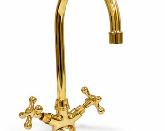 Nielakierowany kran mosiężny – zabytkowa bateria umywalkowa do łazienki, złota bateria mieszaczowa, bateria dwuuchwytowa