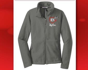 Nurse Jacket, Monogrammed RN Fleece Jacket, Ladies Full Zip Fleece Jacket, RN Gift, Heart Stethoscope Monogram, Nursing Student